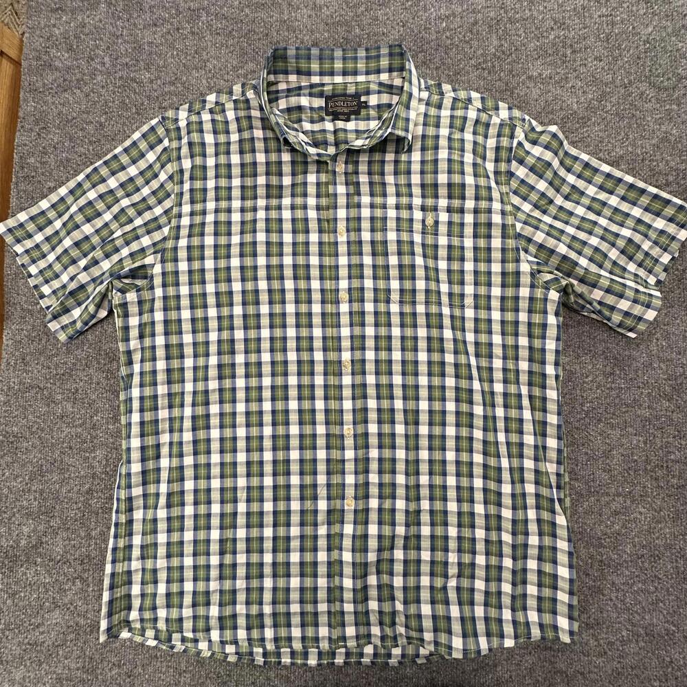 Pendleton Mens Plaid Short Sleeve Button‎ Up Shirt Green Blue White XL 352